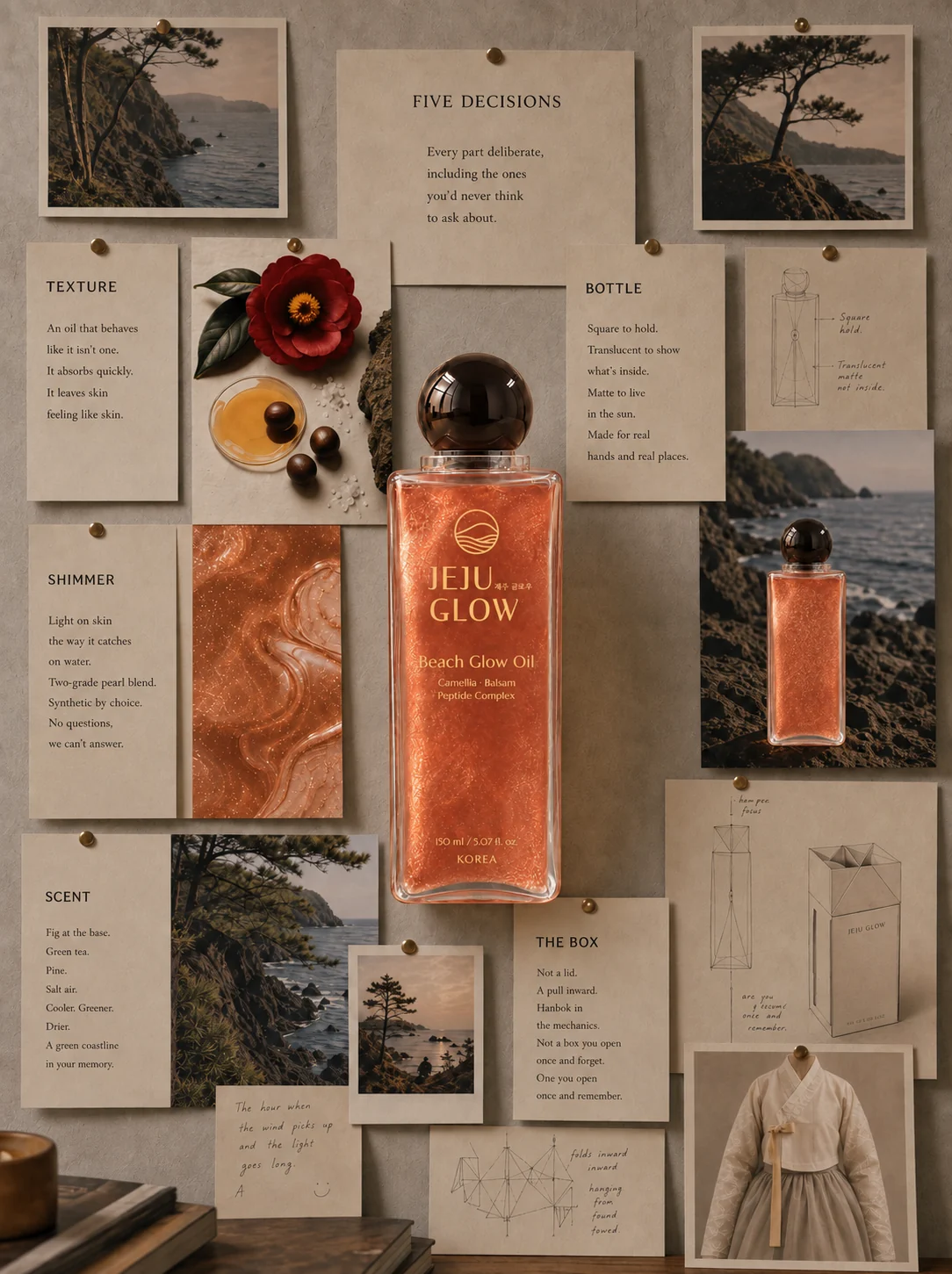 JEJU GLOW decisions moodboard with the Beach Glow Oil bottle, coastal photographs, and formulation notes