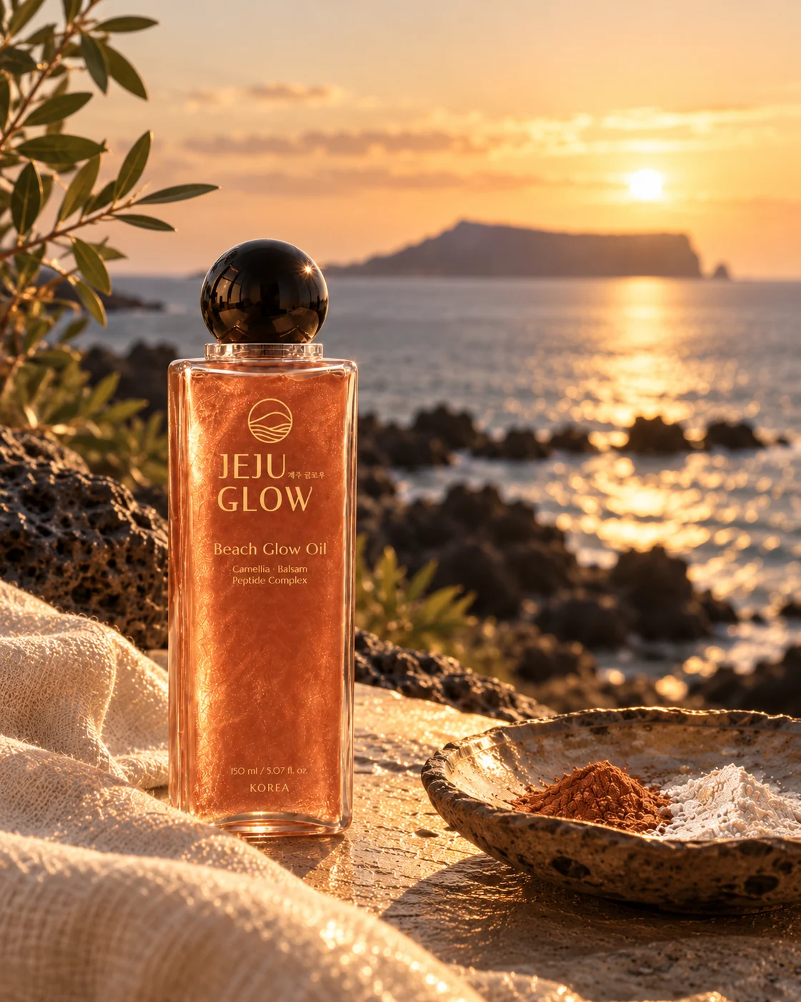 Beach Glow Oil at sunset beside a dish of bronze and white pearl pigments