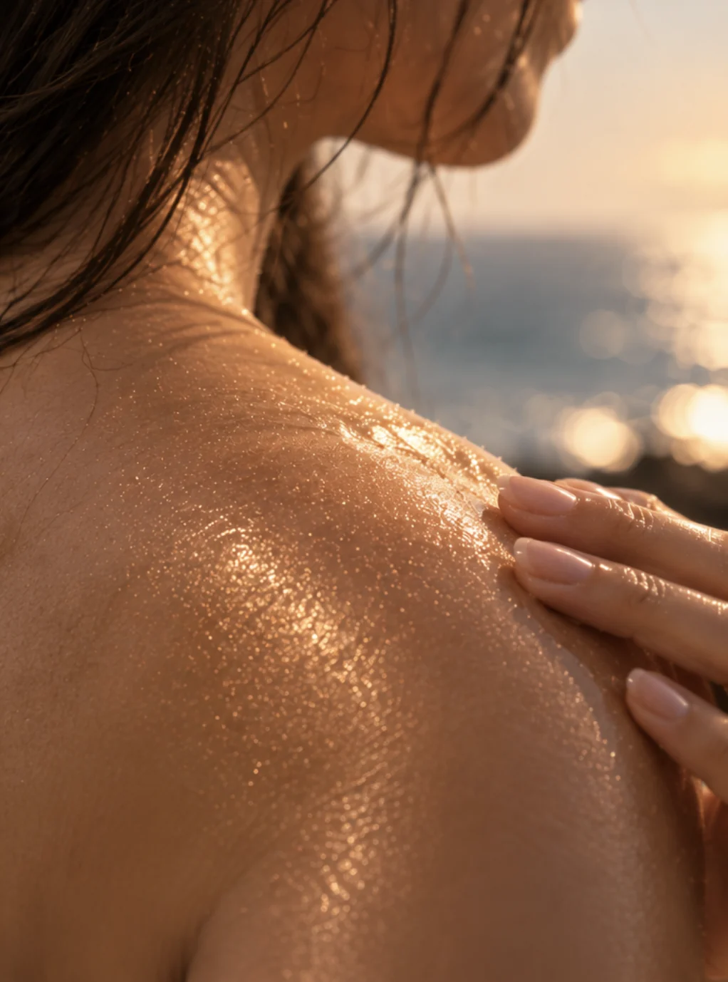 Rose-gold shimmer catching the light on a shoulder by the sea
