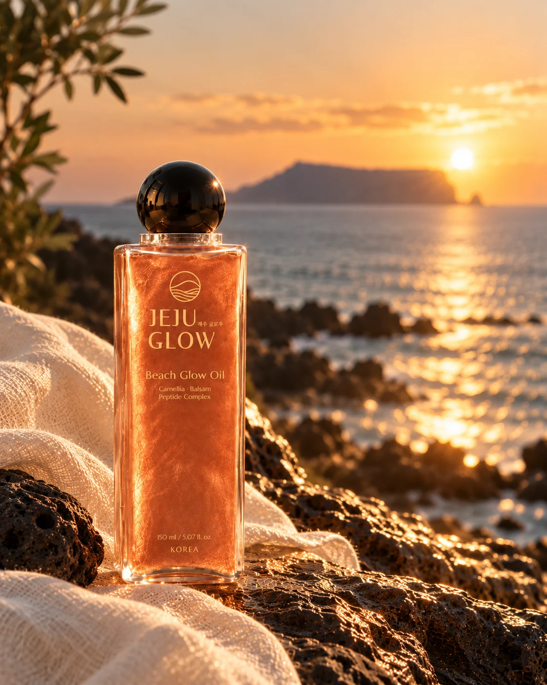 Beach Glow Oil standing on volcanic rock at sunset, the oil and shimmer visible through the bottle