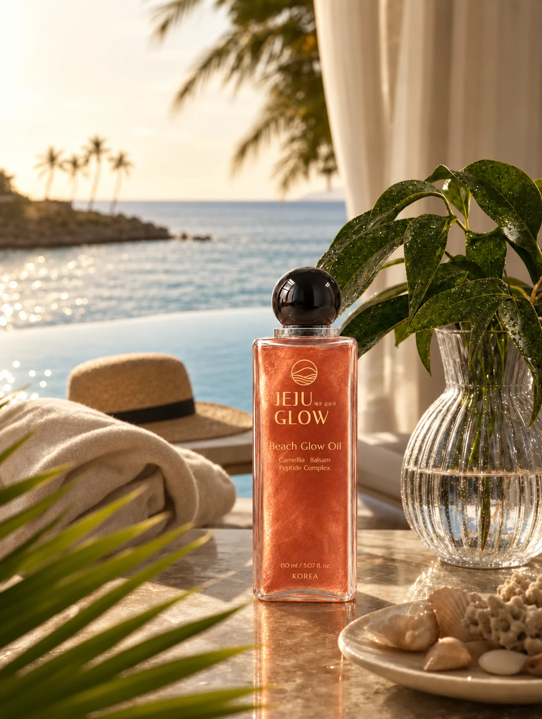 Beach Glow Oil beside the ocean in warm sunset light